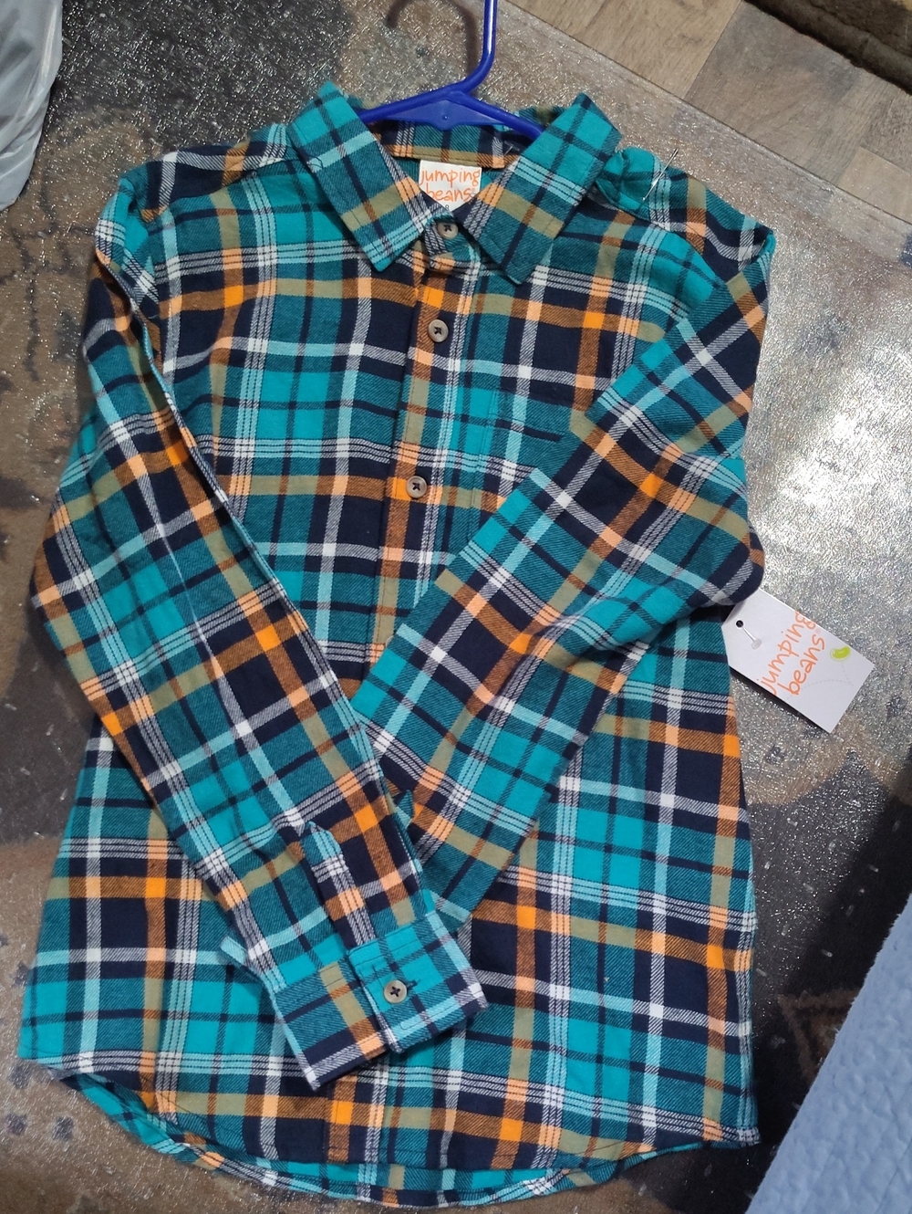 Nwt Size 8 jumping beans Teal Navy Orange Plaid Button-Down Shirt $25
